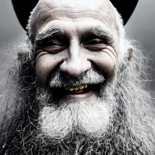 Prompt: an old bald druid wizard with bushy grey eyebrows, long grey hair and wearing a grey wizard hat, disheveled, wise old man, wearing a purple detailed coat, a bushy grey beard, sorcerer, he is a mad old man, laughing and yelling