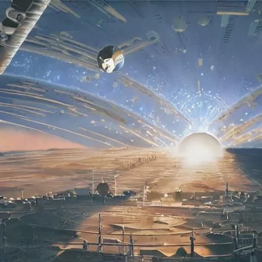 Image similar to dyson sphere in space, radiant core shining through, horizontal sun rays, intricate abstract, symmetry, unreal engine tech demo, golden hour, scifi, ( ( ( by robert mccall ) ) ) ( studio ghibli )