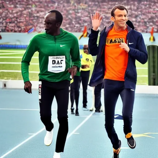 Prompt: Emmanuel Macron running with Hussein Bolt at the stadium