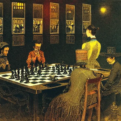 Women playing chess at the steampunk pub, Quentin, Stable Diffusion