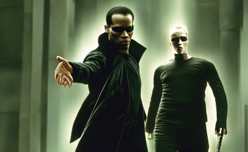 Image similar to film still of Goldie MBE as Neo in The Matrix, 8k,