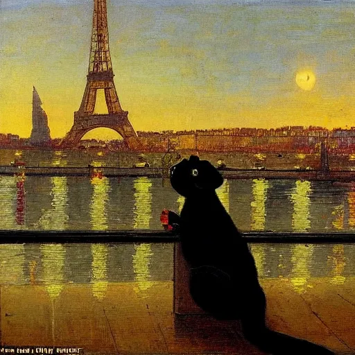 Prompt: A guinea pig in Paris at night, eiffel tower visible in the background, bridge across Seine visible in background, in the style of Ilya Repin