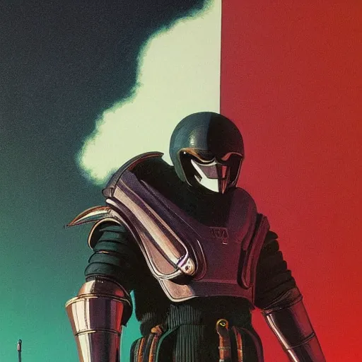 Image similar to self full body portrait of a humanoid raven with a helmet in the shape of a beak. Seafoam and black body armor, digital art, realistic, ultradetailed, concept art in the style of Science Fiction. art by Syd Mead and Moebius, trending on artstation, devianart, cgsociety