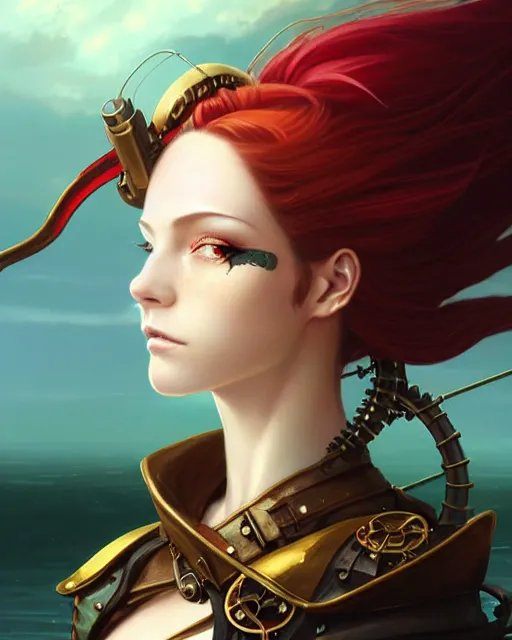 Image similar to a beautiful close up portrait 2D illustration of a young female steampunk pirate wearing leather armor on gold and red trimmings on green, by Charlie Bowater, tom bagshaw, Artgerm and Lois Van Baarle, beautiful anime face, very cool pose, pirate ship with an epic sky background, pondering face, smart look, cinematic anime lighting and composition, fantasy painting, very detailed, ornate, trending on artstation and pinterest, deviantart, google images