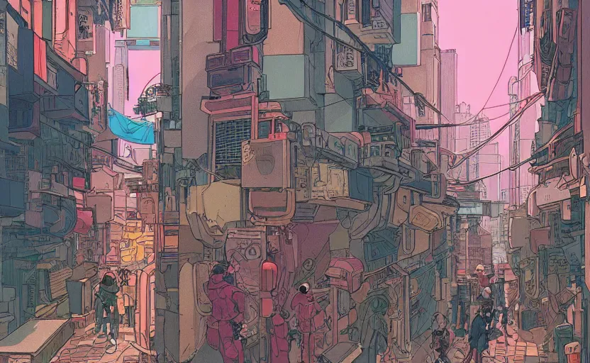 Prompt: a cyberpunk hong kong alley with robots and humans walking around by moebius, studio ghibli color palette