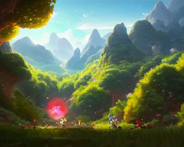 Prompt: pokemon sword and shield ghibli landscape illustration close floral clearing and mountains in the background, deep focus, d & d, fantasy, intricate, elegant, highly detailed, digital painting, artstation, concept art, matte, sharp focus, illustration, hearthstone, art by fire watch game and greg rutkowski, no characters