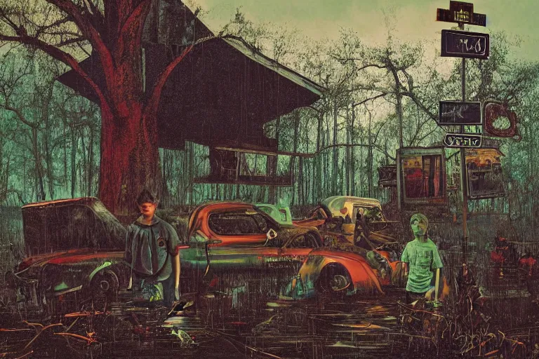 Image similar to scene from louisiana swamps, portrait, voodoo cult, old protestant church with neon satanic pentagram, junkyard by the road, boy scout troop, voodoo artwork by tim eitel