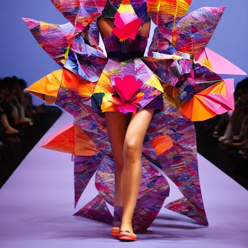 Image similar to beautiful model wearing origami - themed huge paper flower fashion runway by issey miyake