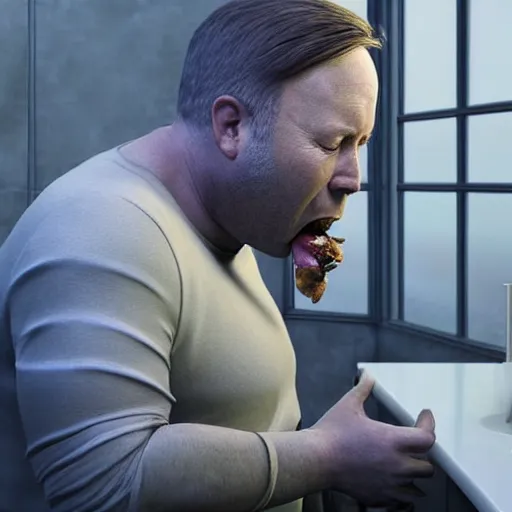 Image similar to hyperrealistic mixed media image of info wars alex jones eating dinner on the toilet, stunning 3 d render inspired art by xiang duan and thomas eakes and greg rutkowski, perfect facial symmetry, hyper realistic texture, realistic, highly detailed attributes and atmosphere, dim volumetric cinematic lighting, 8 k octane detailed render, post - processing, masterpiece,