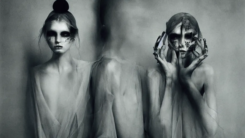Prompt: eerie atmospheric symmetrical vogue fashion photography by paolo roversi