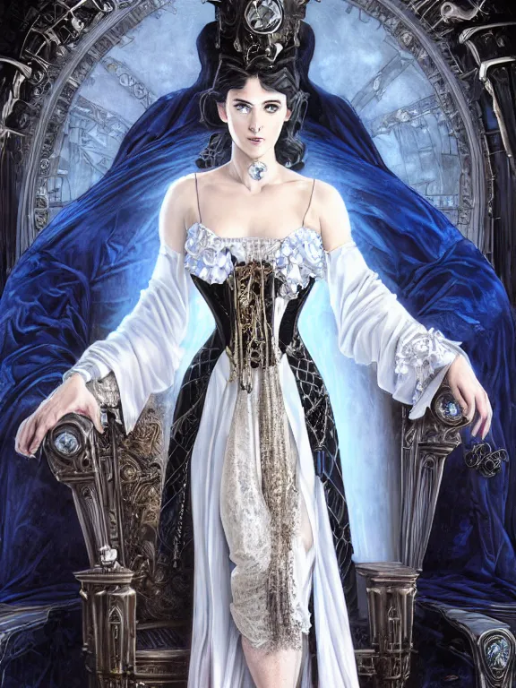 Prompt: portrait of evil steampunk male ice lord, elegant corset, pale white skin, sky - blue dress, robes, black jewerly, dark blue hair, sitting on ice throne, beautiful fractal ice background, ornamental, highly detailed, detailed face, smooth, sharp focus, digital painting, by artgerm and greg rutkowski and alphonse mucha