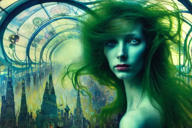 Image similar to realistic detailed photorealistic film portrait shot of a beautiful green haired woman in a crowded futuristic moscow street by Denis Villeneuve, Amano, Yves Tanguy, Alphonse Mucha, Ernst Haeckel, Andrei Tarkovsky, Edward Robert Hughes, Roger Dean, rich moody colours, wide angle, blue eyes