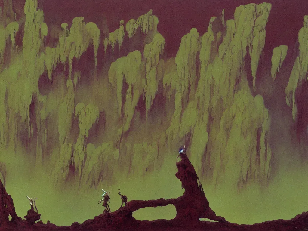 Image similar to Selenar masquerade wild dance. Harsh light, serenity, crater, dust. Painting by Roger Dean.