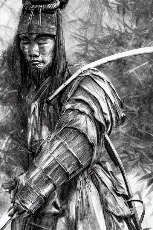 Image similar to close up of samurai warrior in a bamboo forest, a realistic illustration by david benzal, eddie mendoza