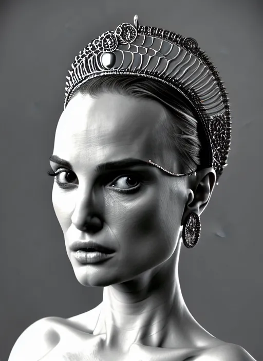 Prompt: bust of an absurdly beautiful, graceful, sophisticated, fashionable futuristic woman, facial piercings, natalie portman, heavy body modification, prosthetic implants, hyperdetailed by popovy sisters, intricate linework, white porcelain skin, faberge, intricate chrome headdress, dark atmosphere, unreal engine 5 highly rendered, global illumination, radiant light, detailed and intricate environment