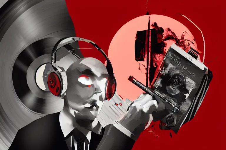 Image similar to a portrait of agent 4 7 from hitman wearing headphones and putting a vinyl record onto a turntable, dark background, red rim light, digital art, artstation, concept art by giger stalenhag