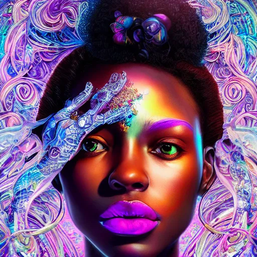 Prompt: the portrait of the absurdly beautiful, graceful, elegant, gorgeous, sensual black young goddess made of rainbow crystals, an ultrafine hyperdetailed illustration by kim jung gi, irakli nadar, detailed eyes, intricate linework, bright colors, octopath traveler, final fantasy, unreal engine 5 highly rendered, global illumination, radiant light, intricate environment