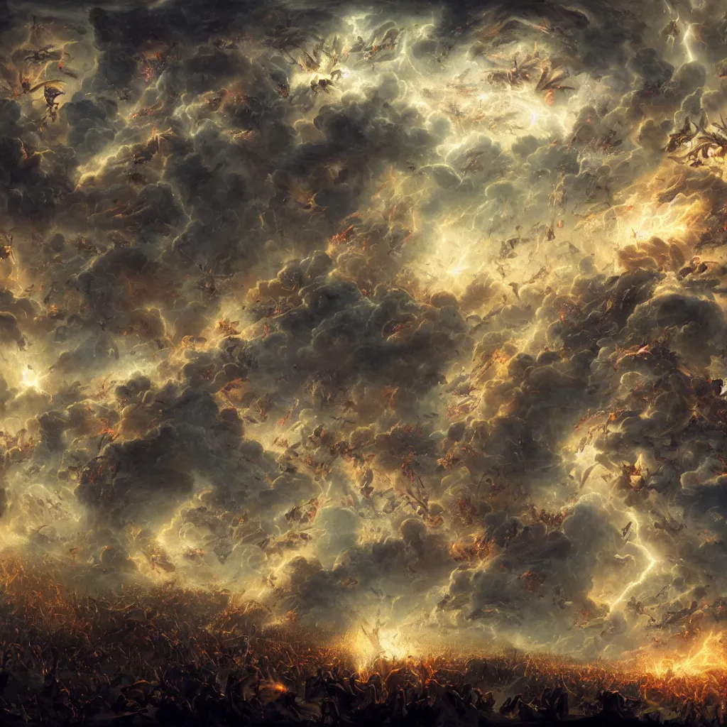 Image similar to hundreds of rebel angels falling from heaven as meterorites, epic lighting, disaster clouds, michael bay, john martin, apocalyptic