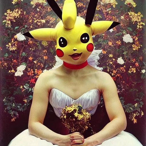 Image similar to elegant woman dressed up as pikachu, art photo by Annie Liebovitz and Alphonse Mucha