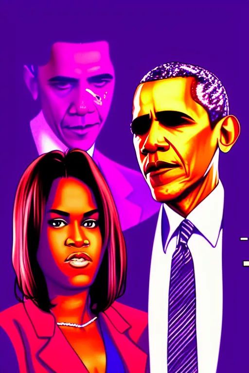 Prompt: obama and his daughter, gta vice city style art, pop art, no duplicate image, glowing lights, ultra details, digital painting, artstation, concept art, smooth, sharp focus, illustration, intecrate details, art by richard hamilton and mimmo rottela, pixels art by kirokaze and paul robertson