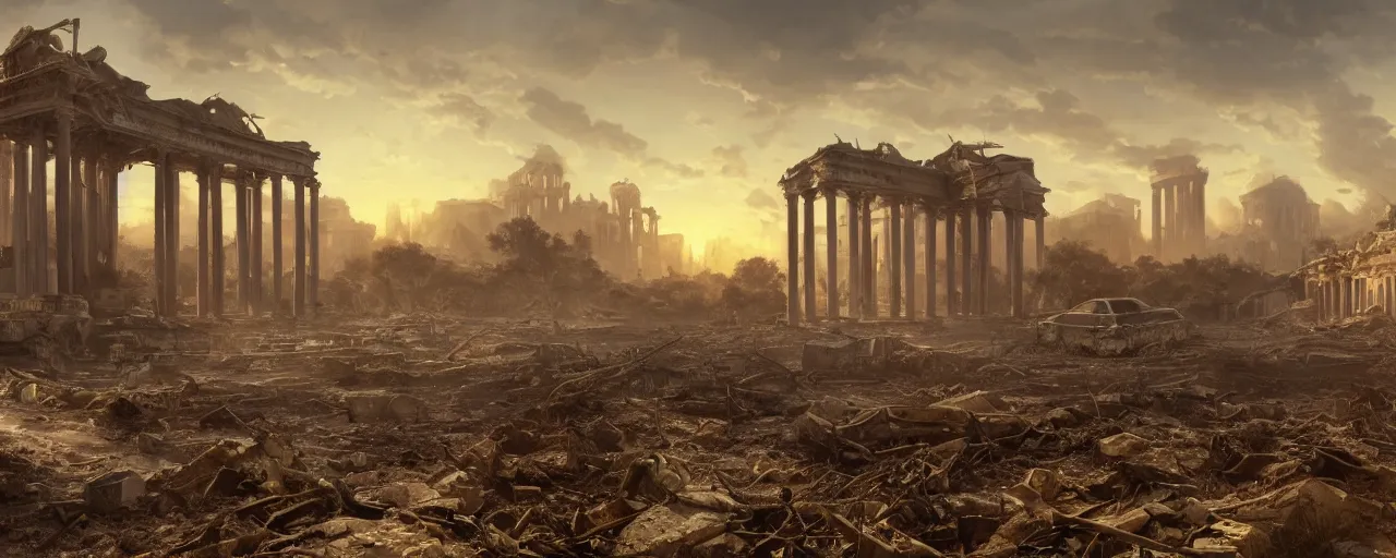 Prompt: A beautiful hyper realistic detailed matte painting of the destroyed Capitolium|post-apocalyptic landscape at sunrise| a lot of debris and small bushes and trees on fire|by John Howe and Andreas Rocha and Martin Johnson Heade and Albert Bierstadt, Fallout style|unreal engine, trending on artstation, golden ratio, rectilinear