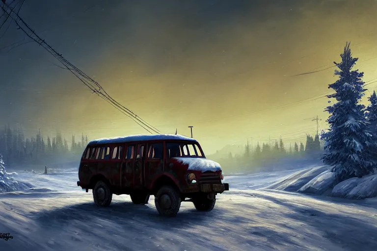 Prompt: [ uaz 3 9 0 9 bukhanka with painted orthodox cross ] driving beside the syberian railroad, epic fantasy, winter, the elder scrolls v : skyrim, dramatic lighting, establishing shot, by simon stalenhag