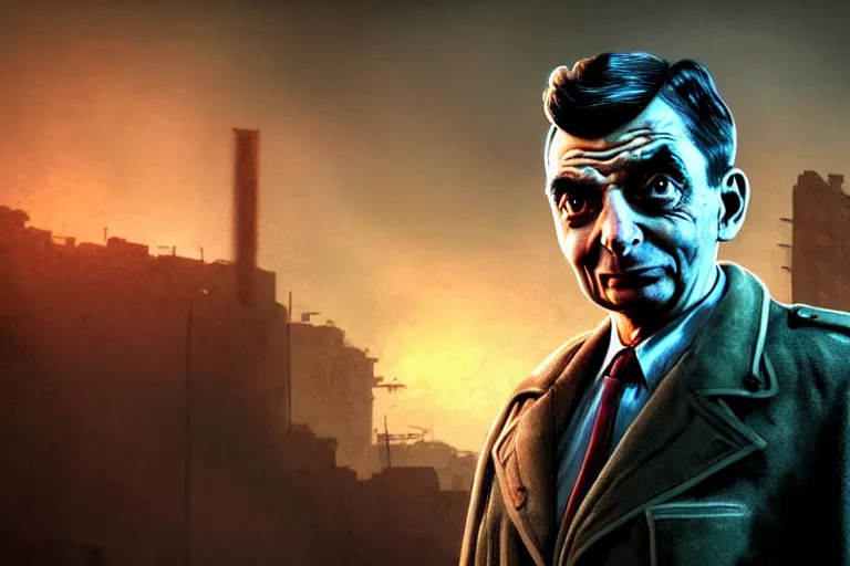 Image similar to fallout 5, detective mr bean as protagonist, face closeup, atmospheric lighting, painted, intricate, volumetric lighting, beautiful, daytime, winter, clear weather, mutated wildlife, sharp focus, deep colours, ultra detailed, art by william turner