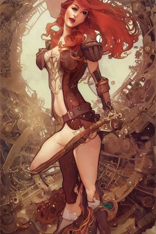 Prompt: ariel little mermaid as a steampunk half - cyborg cowgirl, pelt coats, high fantasy, dnd, smooth, sharp focus, illustration, highly detailed, digital painting, artstation, concept art, by rossdraws, alphonse mucha, frank fanzzeta, collectible card art