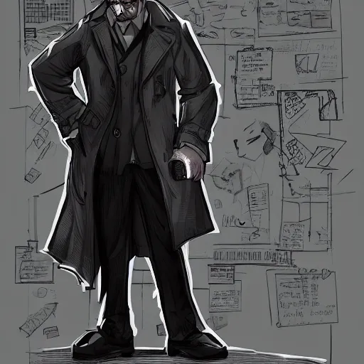 Image similar to a haggard detective in a trenchcoat scanning a crimescene, sketchy artstyle, digital art, dramatic, thick lines, rough lines, cinematic, trending on artstation