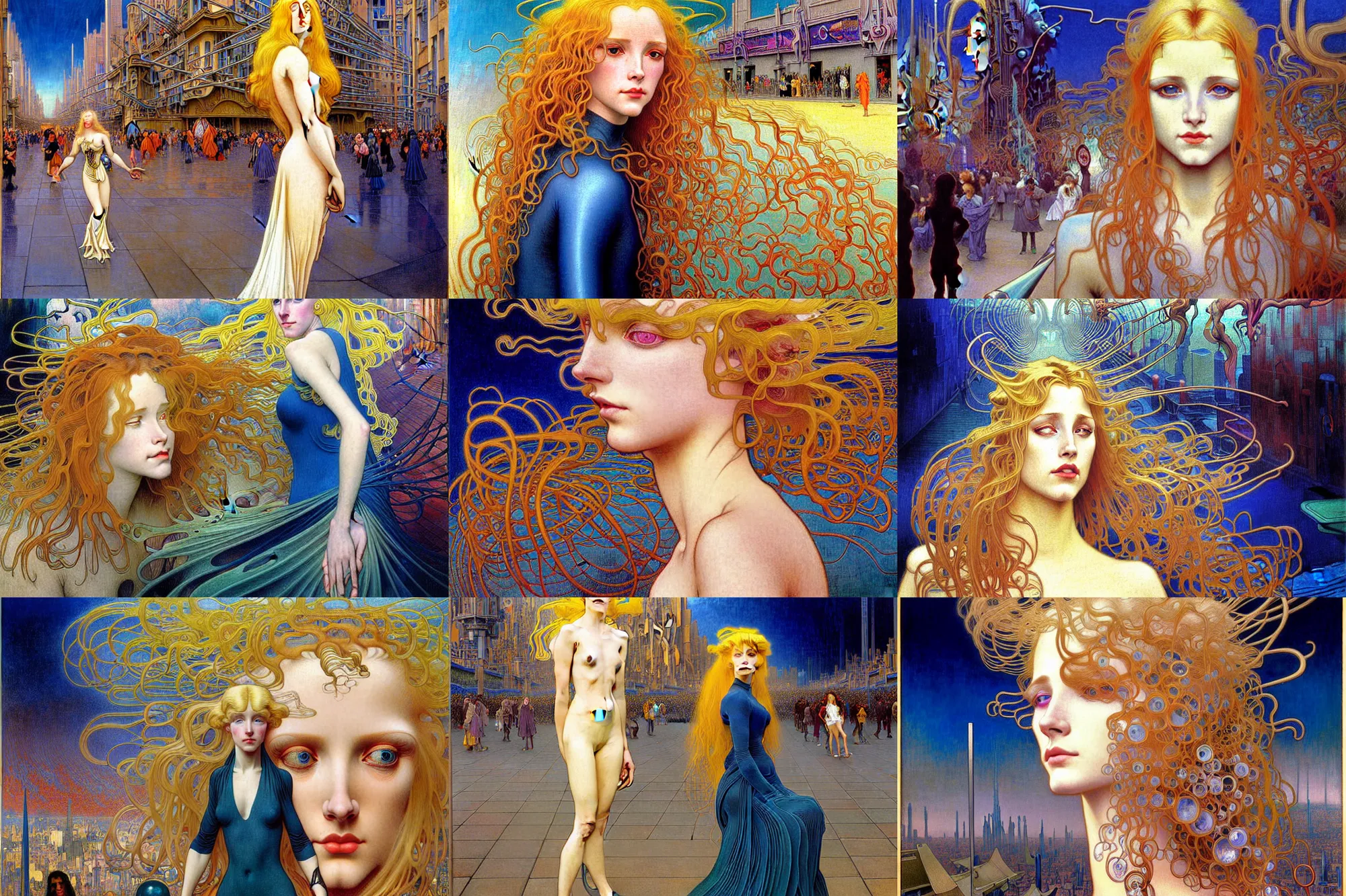 Image similar to realistic extremely detailed full length portrait painting of a girl with blond hair in a crowded modern sci-fi city street by Jean Delville, Amano, Yves Tanguy, Alphonse Mucha, Ernst Haeckel, Edward Robert Hughes, Roger Dean, rich moody colours, blue eyes