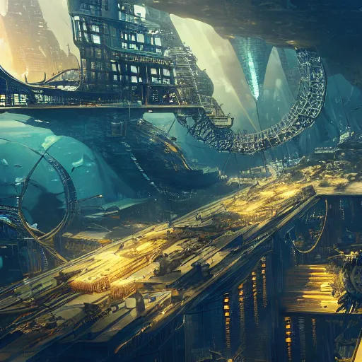 Prompt: city under the deep ocean, golden hour, fish swimming past, fantasy, hyper detailed, futuristic, technology, cinematic atmosphere, arnold render, trending on artstation, cgsociety