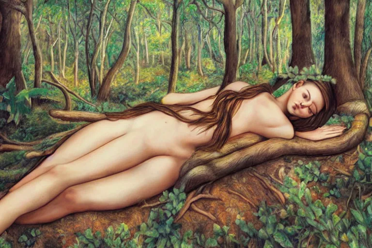 Image similar to a beautiful girl relaxing in the forest by amanda sage, portrait,