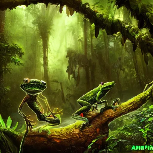 Image similar to an amphibian goblin in a rainforest, digital art, realistic, 8 k, matte painting, fantasy art, ultra detailed