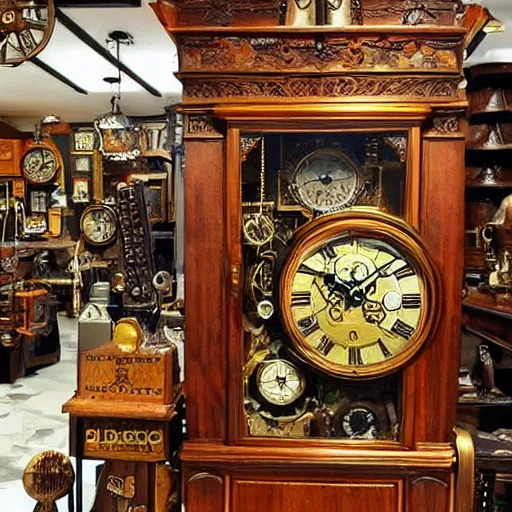 Prompt: interior of a small steampunk clock shop, father time, nautical wooden grandfather clocks everywhere, realistic, very intricate hyper detailed masterpiece