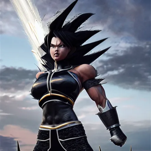 Image similar to warrior girl, muscular girl, wild spiky black saiyan hair, long spiky hair, electrified hair, wearing chrome silver armor and black spandex pants, ultra realistic, intricate details, highly detailed, subsurface scattering, photorealistic, octane render, 8 k, art by artgerm, greg rutkowski, magali villeneuve, alphonse mucha