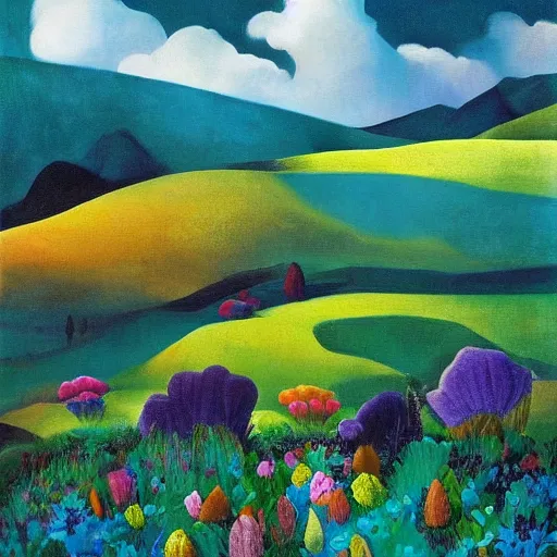 Prompt: mountain landscape in spring, flowers, teal landscape, dreamy light, sunny complementary palette, by and jacek yerga and tamara de lempicka and jesse king, pop surrealist, wiccan