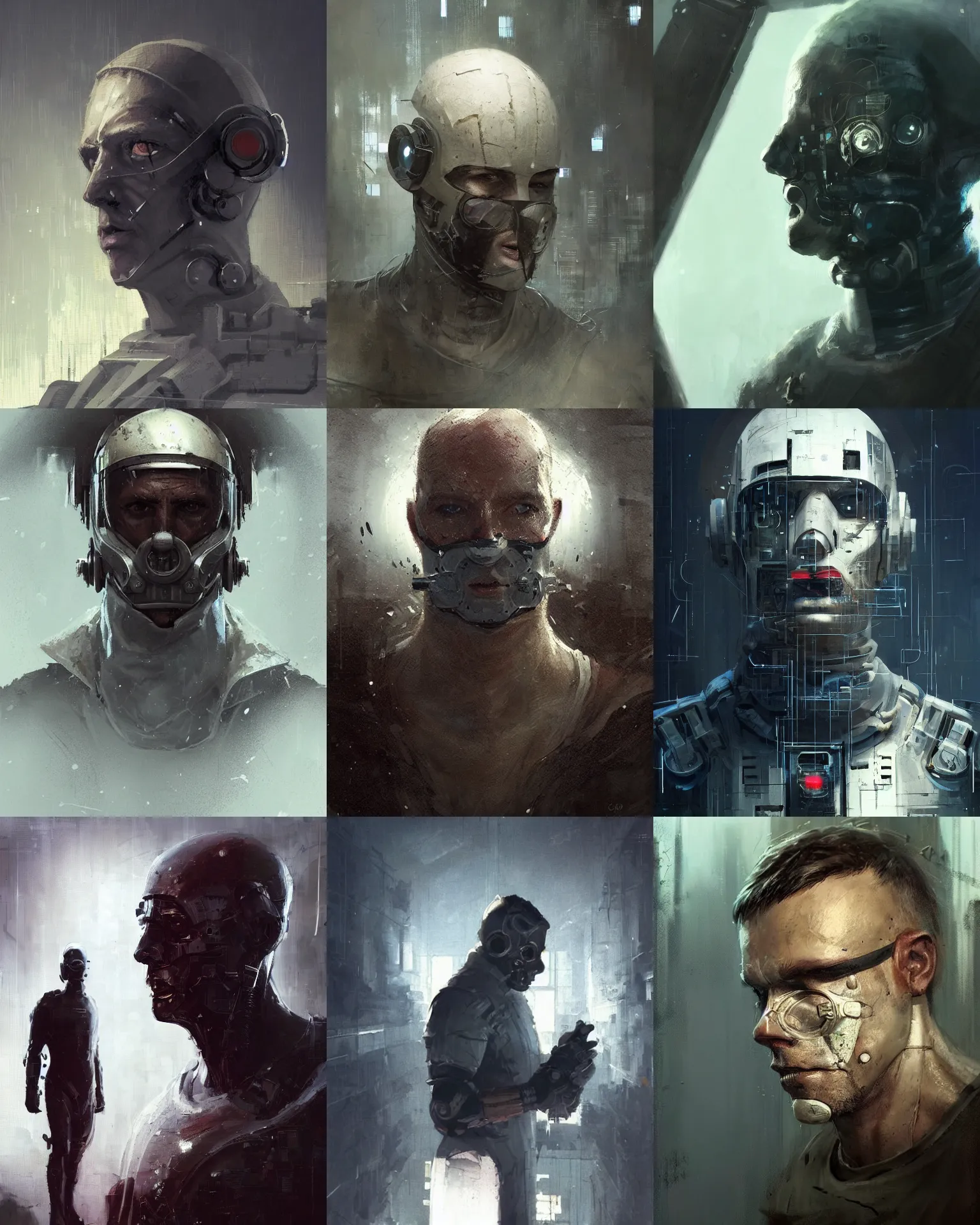Prompt: a half masked laboratory technician man seen from a distance, scifi character portrait by greg rutkowski, craig mullins, 1 / 4 headshot, cinematic lighting, dystopian scifi outfit, profile picture, mechanical, cyborg, half robot