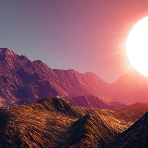 Image similar to small solar eclipse above mountains, highly detailed, photorealistic shot, bright studio setting, studio lighting, crisp quality and light reflections, unreal engine 5 quality render