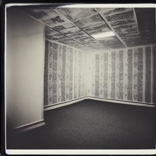 Prompt: A polaroid photograph of empty endless rooms, yellow patterned wallpaper on the walls, moist dirty carpet, unnatural fluorescent warm lights lighting the scene