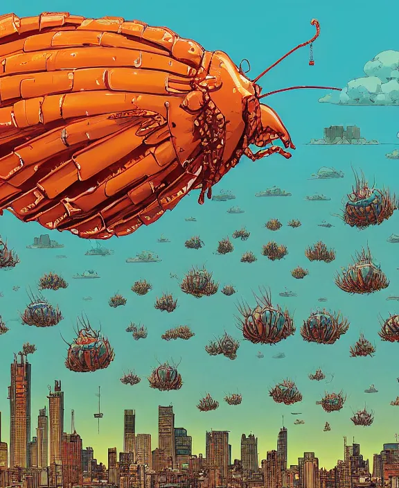 Image similar to city skyline made from obese sea slug lobsters, in the style of a puffy spaceship, skeletons, partly cloudy, spooky, dramatic lighting, by geof darrow, bill sienkiewicz, dan mumford, yusuke murata, makoto shinkai, ross tran, cinematic, unreal engine, cel shaded, featured on artstation, pixiv