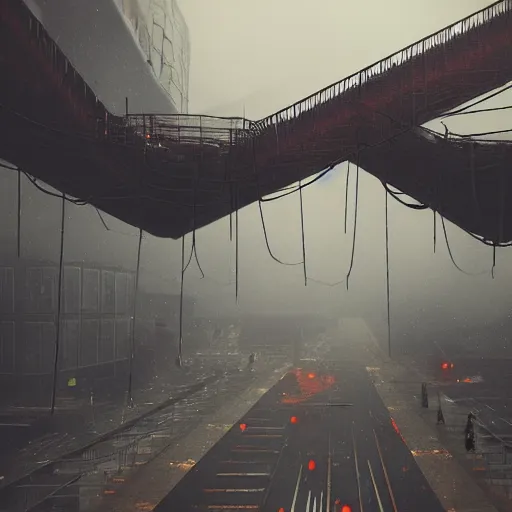 Image similar to raining dark smog wide angle shot machinery dieselpunk dystopia corrogated steel overhead walkway trending on artstation megalomaniac city