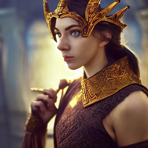 Prompt: the elder scrolls vi, charismatic regal brunette female jarl, ancient greece, mysterious atmospheric lighting, painted, intricate, volumetric lighting, beautiful, rich deep colours masterpiece, golden hour, golden ratio, sharp focus, ultra detailed, by mark kent, jordan lamarre - wan, igor kieryluk, maxim verehin, miranda meeks