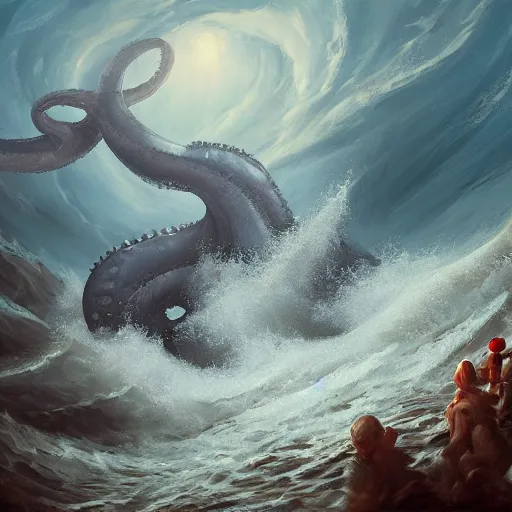 Prompt: the great Kraken in the rough seas, digital oil painting, featured on artstation, high-res