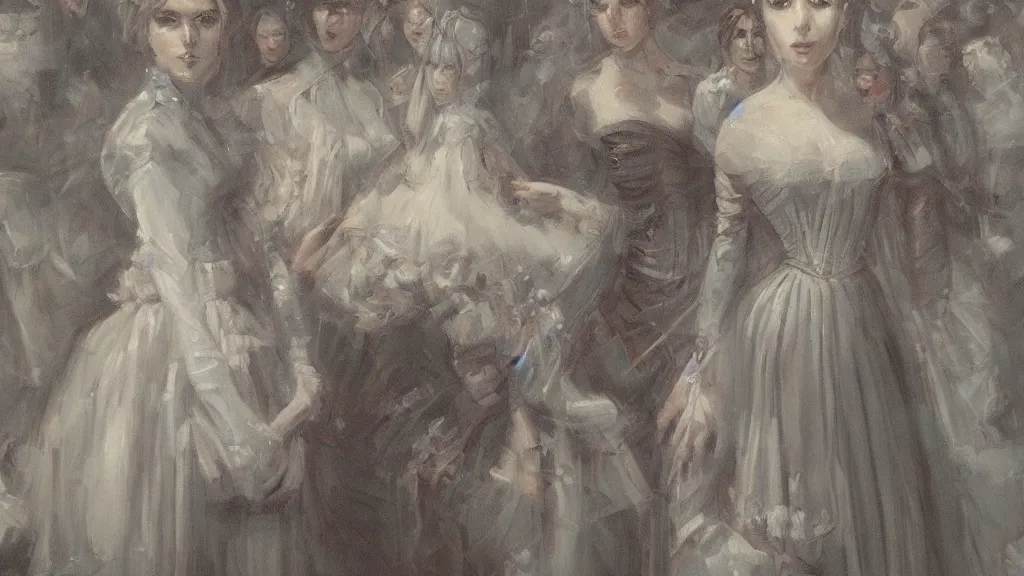 Image similar to thousands of clones of a Victorian woman, dystopia, fantasy, trending on art station, oil painting, concept art