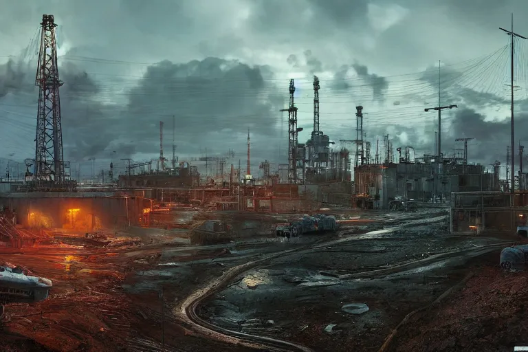 Image similar to oil field in battlefield 4 by simon stalenhag and robbert sammelin and eric persson, 4 k, hd wallpaper, hdr, tonemapping, detailed, atmospheric, global illumination, majestical lighting, saturated, wet, ray tracing, anamorphic lens, chromatic aberration, battlefield 4