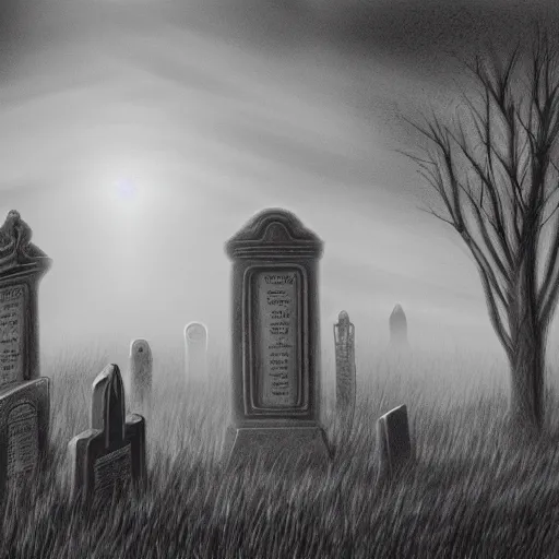 Prompt: an endless eerie graveyard with ancient tombstones, misty, strands of fog, catacomb in background, frame is flanked by dark trees, creepy, night, finely detailed extremely realistic black and white pencil drawing