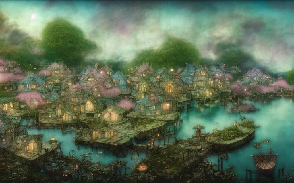 Prompt: fishing village by the lake, beautiful matte painting, brian froud, yoshitaka amano, kim keever, victo ngai, james jean. pastel colors