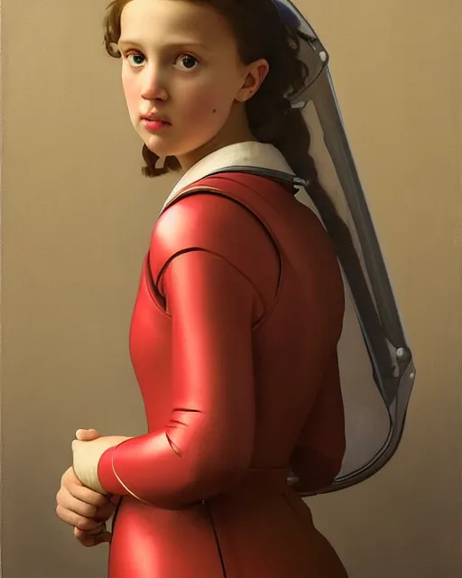 Image similar to a window - lit realistic portrait painting of a thoughtful girl resembling a young, shy, redheaded alicia vikander or millie bobby brown wearing a futuristic red plastic spacesuit, lit by an oval window at the side, highly detailed, intricate, by vermeer, william bouguereau, and donato giancola, and vermeer