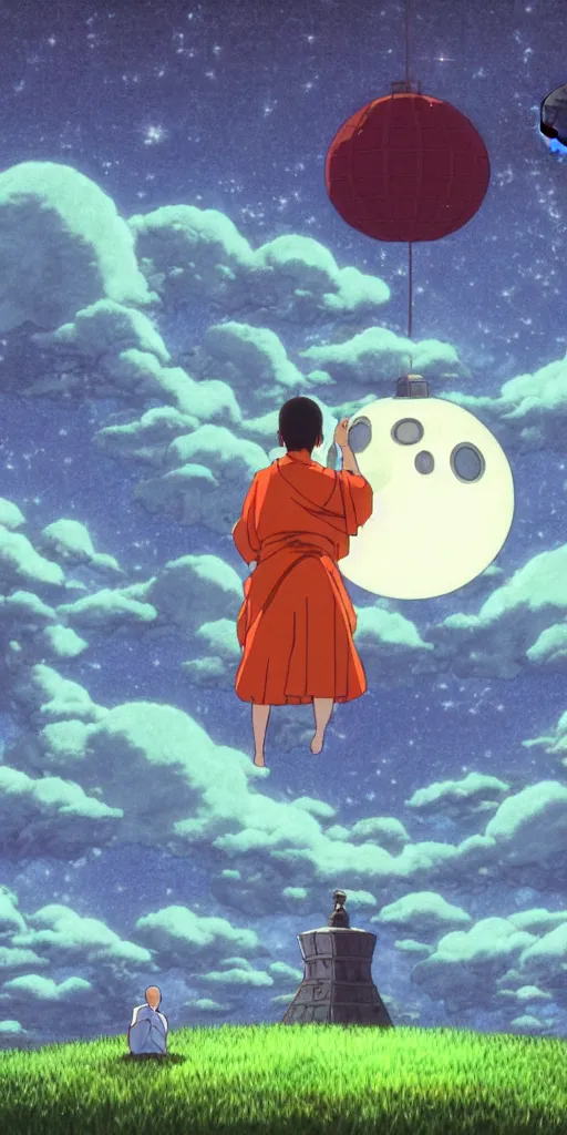 Image similar to a realistic cell - shaded studio ghibli concept art from paprika ( 2 0 0 6 ) of a floating cube from close encounters of the third kind ( 1 9 7 7 ) and a monk meditating on a misty starry night. very dull colors, hd, 4 k, hq