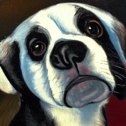 Image similar to oil painting of a black and white cute dog, oil in canvas, painted by van gogh